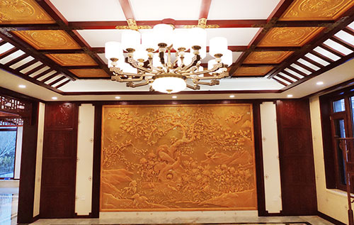昌平中式别墅客厅中式木作横梁吊顶装饰展示